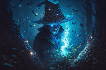 Obraz premium Blue scary Fantastic wizard making spells in the forest. Creative vector illustration design character. Magic and wizardry. Ai generated