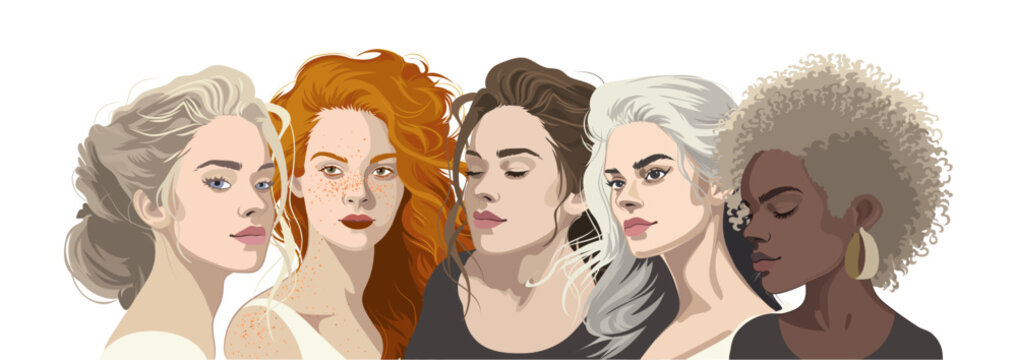 Group portrait of a five beautiful girls with various hair color and style