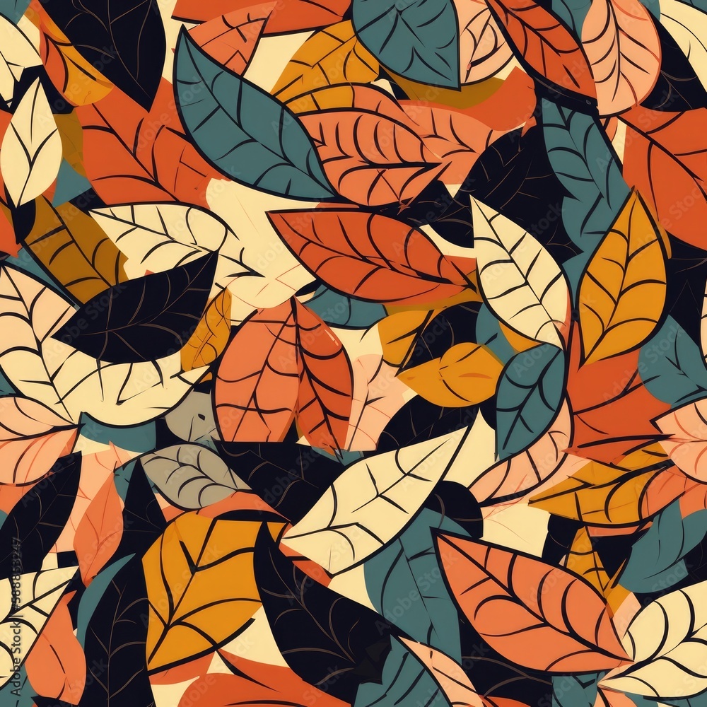Aufkleber pattern with abstract leaf shapes in random arrangement. infinite, seamless backgrounds. generative 