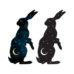 Silhouette of the hare magic animal with night sky with crescent moon gothic tattoo design isolated vector illustration © croisy