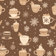 Repeating Pattern Of Snowflakes And Hot Cocoa Mugs In Brown And Cream Colors. Infinite, Seamless Backgrounds. Generative AI