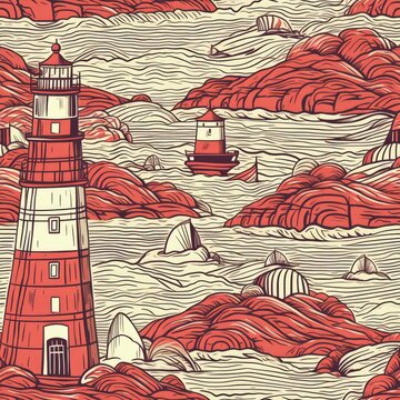 Red And White Striped Lighthouse Standing On Rocky Coastline. Infinite, Seamless Backgrounds. Generative AI