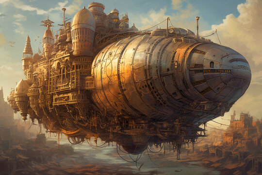 Epic Futuristic 19th Century Steam Punk Style Airship Flying Over the Town. AI digital illustration