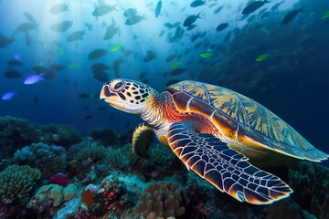 Wasserschildkröte in einem Korallenriff with Generative KI