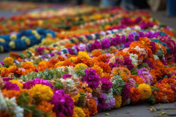 Fototapeta premium Garlands Of Flowers In Vibrant Colors. Generative AI