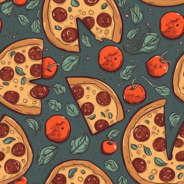 Pepperoni Pizza With Cheese And Tomatoes. Infinite, Seamless Backgrounds. Generative AI