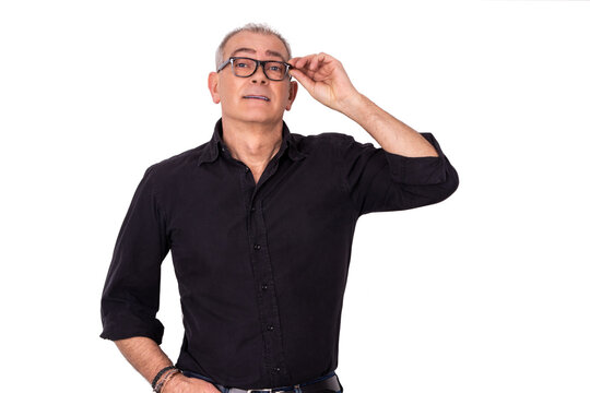 senior adult man with glasses isolated on white