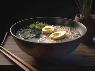 Ramen soup with noodles, leek, nori, soft egg and chashu chicken on a dark background. Chopsticks hold noodles.
