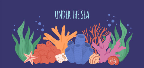 Horizontal sea Background with coral reef and sea shells. Underwater banner with place for text. Colorful marine flora and fauna. Flat vector illustration