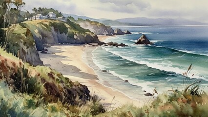 Obraz premium watercolors landscape, ocean, cloudy sky