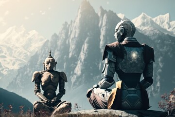 Naklejka premium Futuristic robot meditating next to a buddhist monk - Generative AI