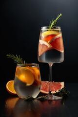 Gin tonic with ice, rosemary, orange, and grapefruit in frosted glasses.