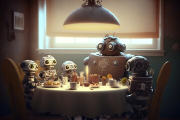 Fototapeta na wymiar Robot family sitting around dining table