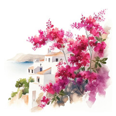 Watercolor Santorini Island landscape. Greece summer island landscape. Santorini hand drawn square vector background. Picturesque sketch. Ideal for card, invitation, banners, posters.