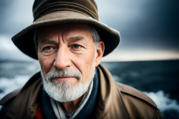 Cinematic Portrait of an old fisherman, wearing an old worn leather jacket, the North Sea at the background. Concept of active age. Generative AI