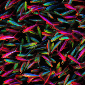 Neon Tetra (Paracheirodon innesi) pet fish schooling together in a blue fresh water background tile for use as a repeating art pattern design. Generative AI.