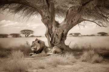 Lion resting under the tree, created with Generative AI technology.