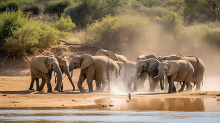 Elephants playing by the water, created with Generative AI technology.