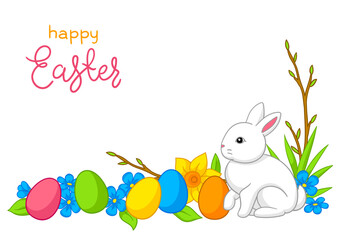 Happy Easter illustration. Cute bunny, eggs and flowers for traditional celebration.