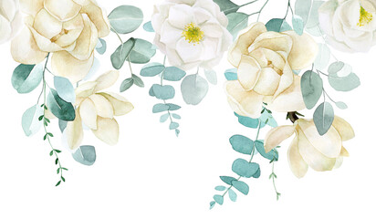 watercolor drawing. seamless border with white magnolia flowers and eucalyptus leaves.