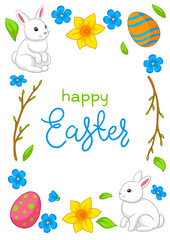Happy Easter illustration. Cute bunnies, eggs and flowers for traditional celebration.