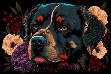 Stunning Vector Illustration of a Dog's Face Embraced by Deep Colored Peonies Flowers, Generative AI
