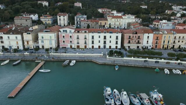 Aerial view of Scario, a small seaside village on the Cilento coast in the province of Salerno, Campania, Italy.