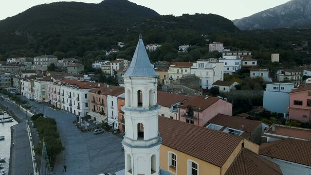 Aerial view of Scario, a small seaside village on the Cilento coast in the province of Salerno, Campania, Italy.
