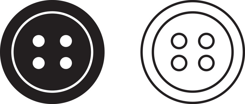 Cloth button with thread, black and white vector sew icon, flat and outline design, garment set isolated on white background. Fashion illustration