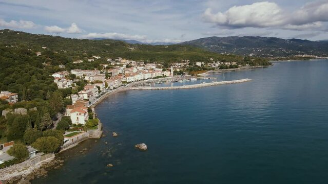 Aerial view of Scario, a small seaside village on the Cilento coast in the province of Salerno, Campania, Italy.