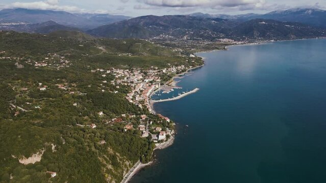Aerial view of Scario, a small seaside village on the Cilento coast in the province of Salerno, Campania, Italy.