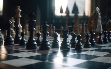 A chess board with a black chess piece and the words 