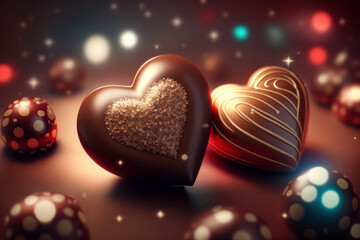 Naklejka premium Various chocolate candies in the shape of a heart on a festive background. AI Generative