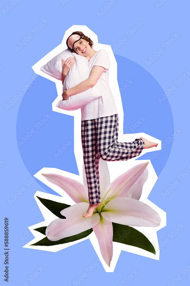 Sticker Vertical collage photo of cheerful smiling girl wear pajama nightwear hugs pillow relax stay lily fresh flower isolated on blue painted background