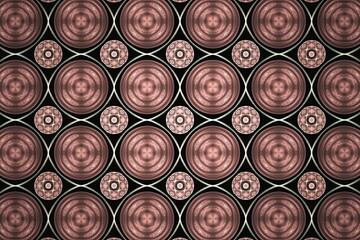 Orange interlaced pattern of round shapes on a black background. Abstract fractal 3D rendering