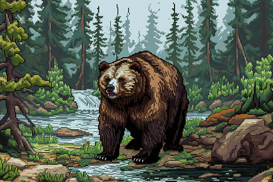 Pixel art de un oso pardo en un bosque .Ilustraci&radic;&ge;n de IA Generativa