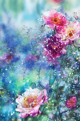 Obraz na płótnie Canvas Watercolors flowers background, abstract flowers made from whatercolor paint splashes. Generative Ai.