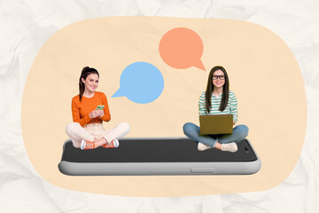 Creative concept template sketch photo collage of two young people friends siting on smartphone chatting isolated on painting background