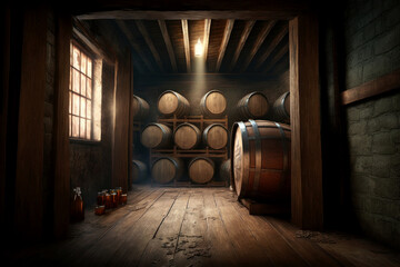 Alcohol barrel room interior, wine or whiskey , Generative AI