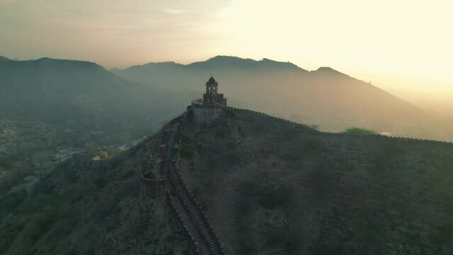 Aerial view of The Jaipur Wall built around the Amer Fort in Jaipur, Rajasthan, India.
