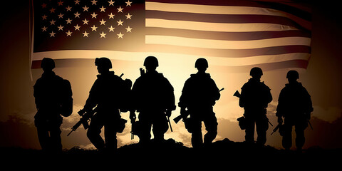 Fototapeta na wymiar Conceptual US Flag with silhouettes of American soldiers. Generative AI