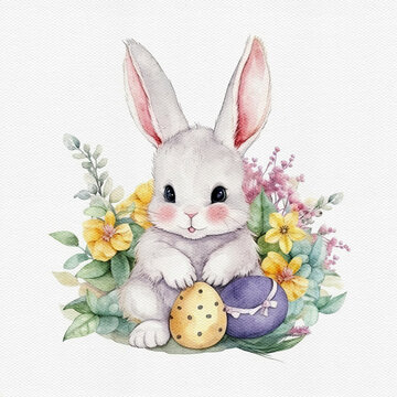 Watercolor cute Easter bunny with painted egg and flower. Delicate spring illustration. AI generated Image, digital art. Nursery decor, wall art, printable. AI generated Image, digital art.
