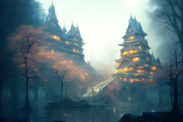 Japońskie orientalne pałace tajemniczego miasta. Zamglone ulice. Ponure zaułki. Abstrakcja - Generative AI - obrazy, fototapety, plakaty