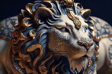 Incredible golden gold feline lion concept statue with intricate pattern design background made of ceramic or porcelain. Majestic metal metallic animal portrait of a wild animal. Ai generated