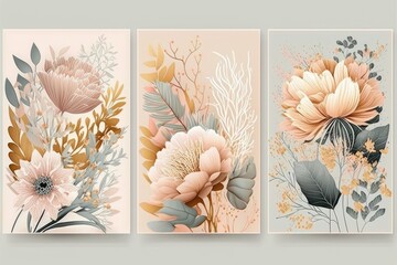 Set of floral art posters pastel soft colors flower. ai generative