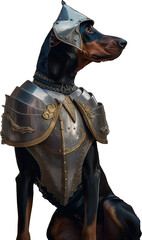 Knight Doberman Pinscher Dog Wearing Gleaming Metal Armor, Generative AI