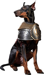 Knight Doberman Pinscher Dog Wearing Gleaming Metal Armor, Generative AI