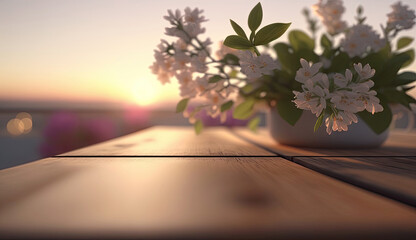Naklejka na ściany i meble Wooden blank or empty tabletop in spring season at morning with sunset light, spring summer flowers decorations and nature view for mock up, with Generative AI.