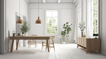 Home mockup, white room with natural wooden furniture. Generative Ai
