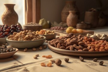 Dried fruits and nuts on a beige ceramic table. AI generated